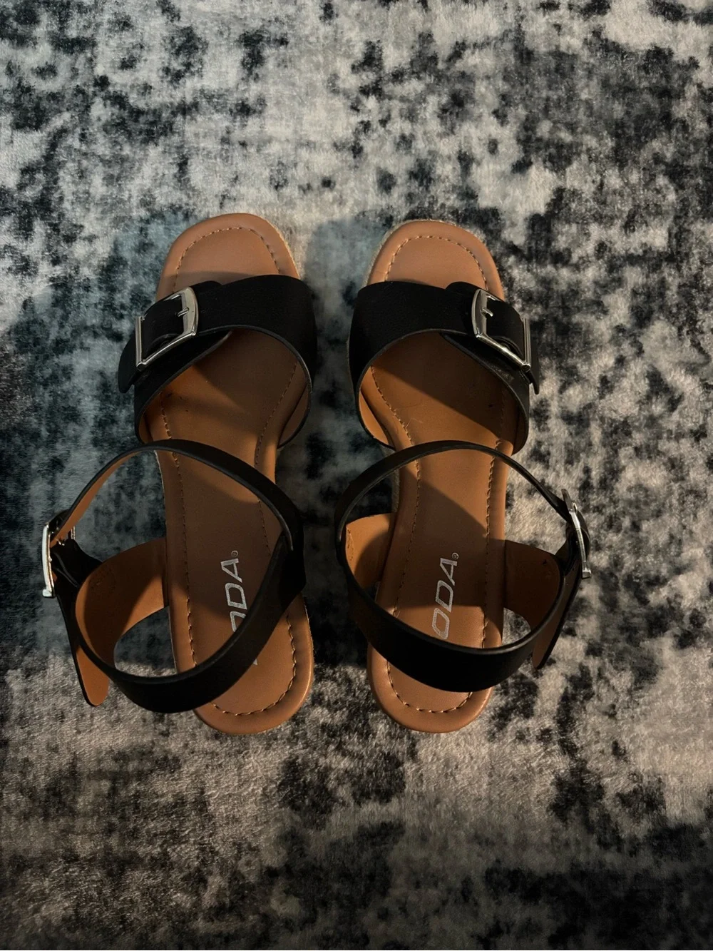 Soda Black Buckle Wedge Sandals